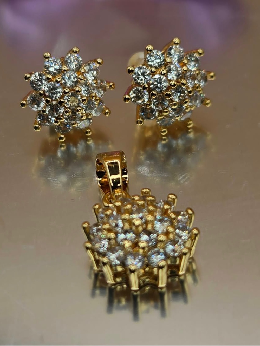 Gold Plated Crystal Cluster Pendant and Stud Earrings Set - Women's Jewelry